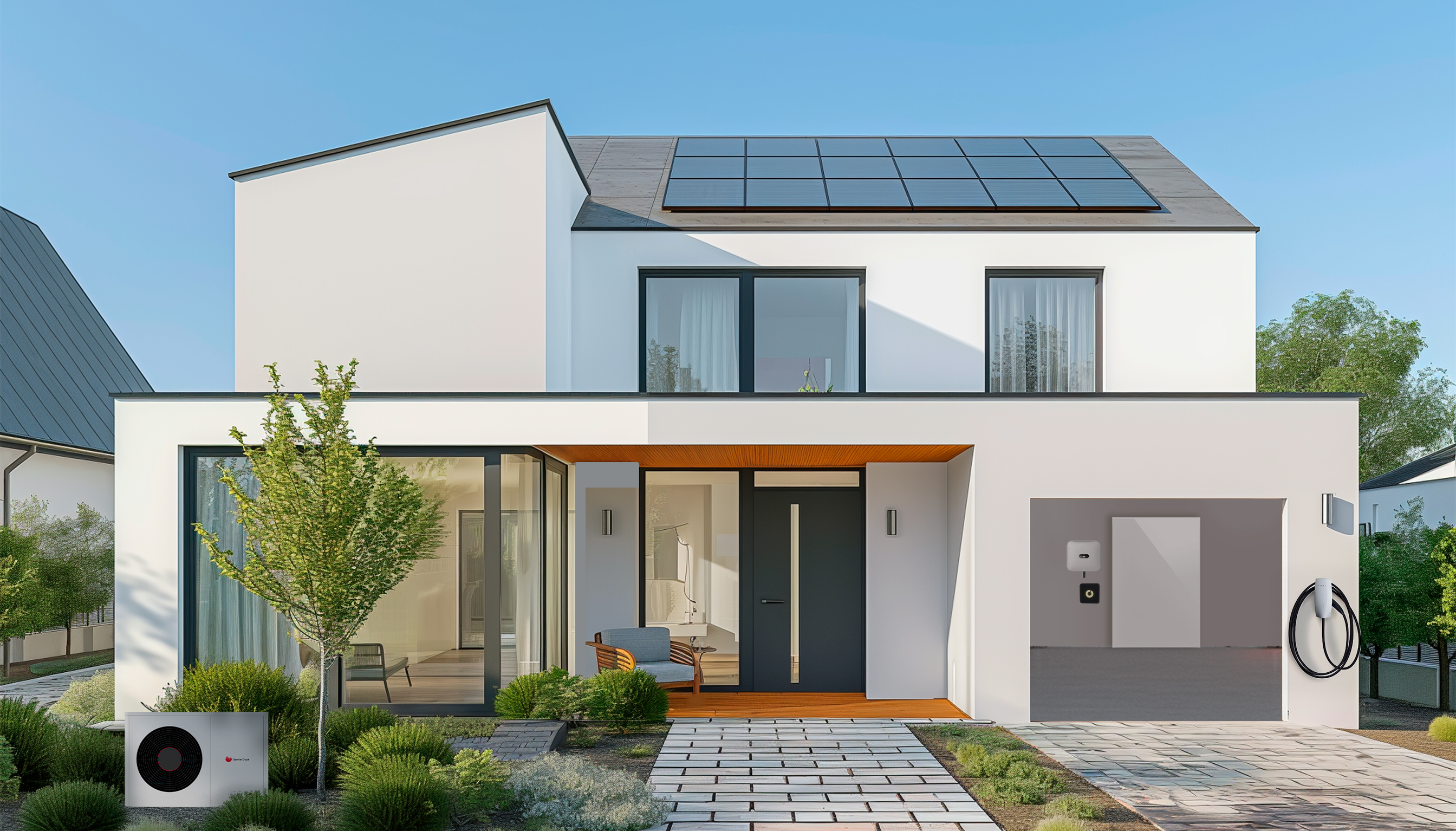 Imagem de uma casa com instalação de painéis solares, bateria, carregador de carro e aerotermia