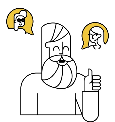 Ilustração de uma pessoa sorridente a falar com duas outras pessoas em vinhetas