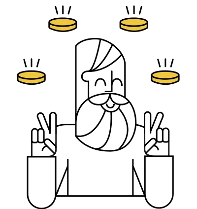 Ilustração de uma pessoa que faz o sinal de vitória com os dedos rodeados de moedas