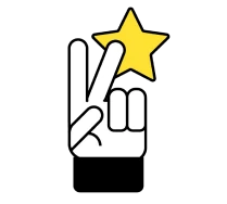 Ilustração de uma mão fazendo o gesto de vitória e uma estrela amarela
