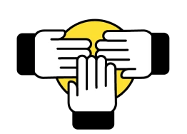 Ilustração de três mãos juntas sobre uma mesa amarela