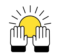Ilustração de duas mãos levantadas para cima e um sol amarelo atrás delas
